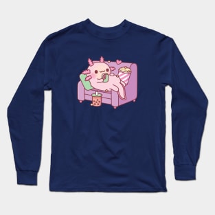 Cute Axolotl Chilling With Handphone Bubble Tea And Popcorn Long Sleeve T-Shirt